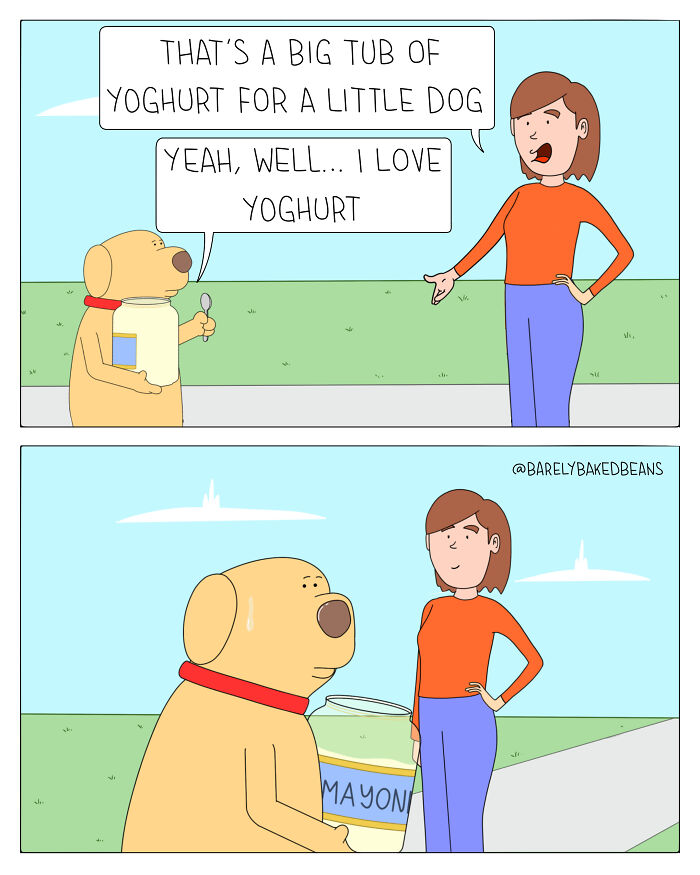 Cartoon dog holding a large jar of mayonnaise, woman in orange top reacts in hilarious and heartwarming comic style.