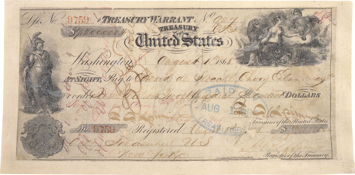 Historic 1865 US Treasury Warrant featuring intricate engravings, an example of biggest mistakes that changed history documents.