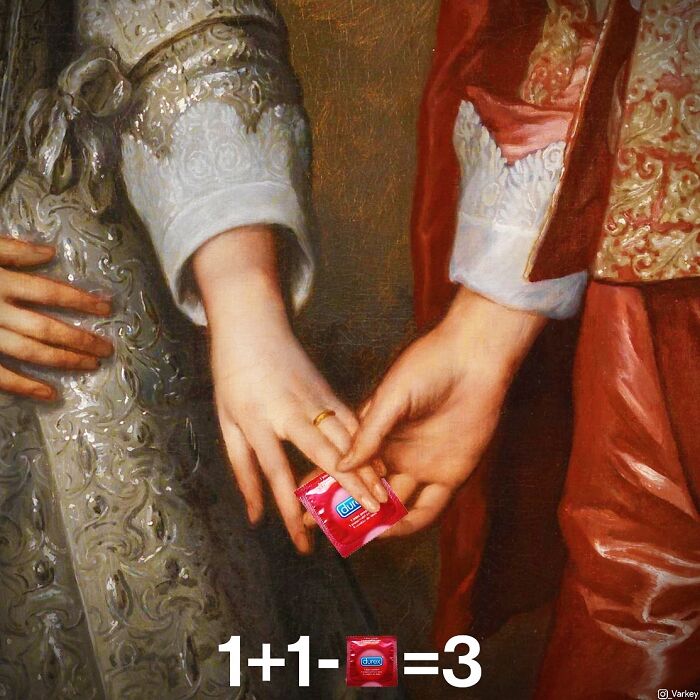 Hands in classical art style holding a modern c****m packet, blending classical art with modern humor by Varkey.
