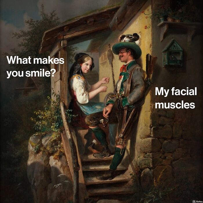 Blending classical art with modern humor shows a rustic scene of a man and woman exchanging playful dialogue on stone steps.