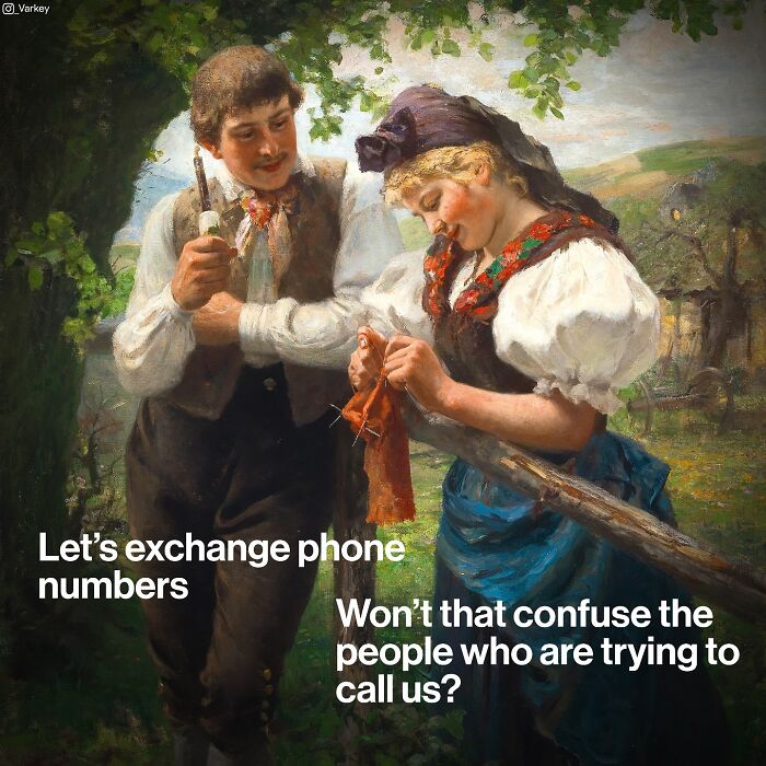 Classical art scene with modern humor showing a couple exchanging phone numbers blending classical art with modern humor.