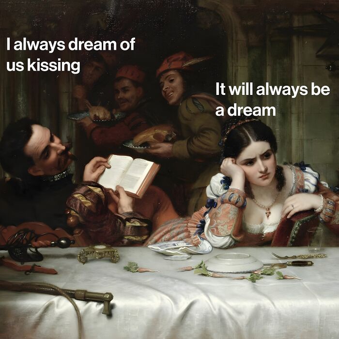Classical art blended with modern humor showing a dreamy couple with playful text in a vintage setting.