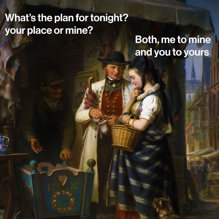 A classical art scene humorously blended with modern dialogue, showcasing Varkey's unique creative style.