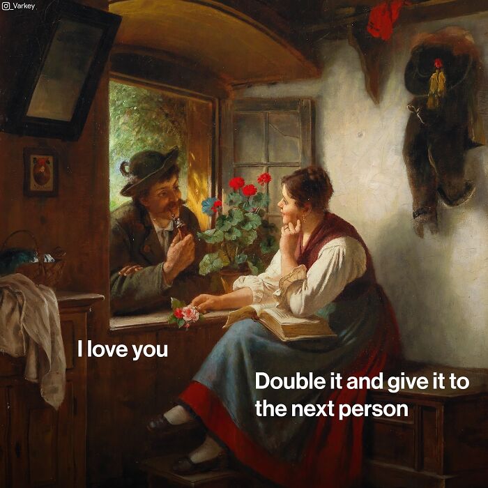 Classic art scene blending with modern humor showing a couple exchanging flowers and playful text dialogue.