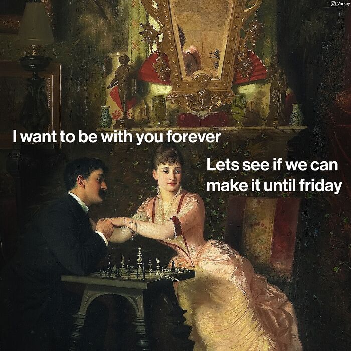 Classical art scene humorously blended with modern text about relationship struggles in new creations by Varkey.