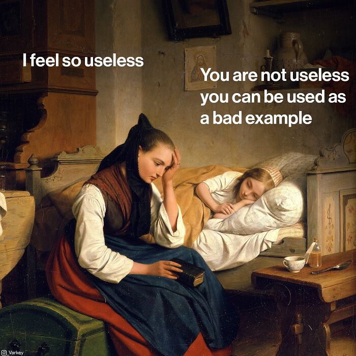 Classical art blended with modern humor showing two women, one feeling useless and the other giving a sarcastic reply.