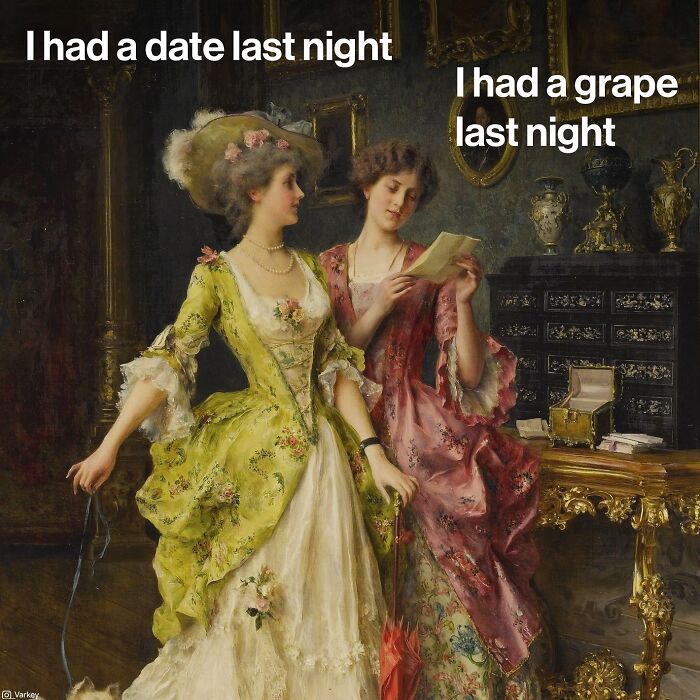 Two women in classical dresses humorously captioned blending classical art with modern humor by Varkey.