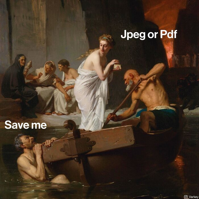 Classical art scene humorously altered with modern text overlay, blending classical art with modern humor by Varkey.