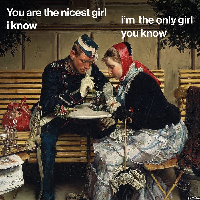 Classical art scene humorously blended with modern text showing a couple sharing a drink in vintage attire.