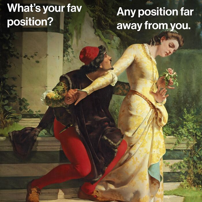 Man in red tights holding a woman in a yellow dress with text overlay blending classical art with modern humor by Varkey.