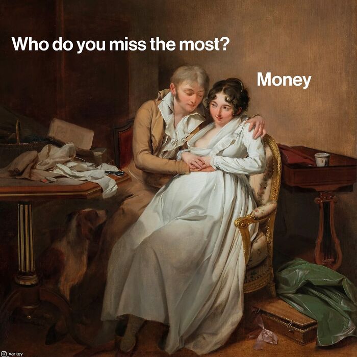 Couple in classical art style with added modern humor text about missing money, blending classical art with modern humor.