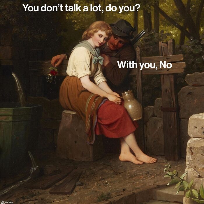 Classical art scene updated with modern humor showing a woman and man in vintage attire with added funny text.
