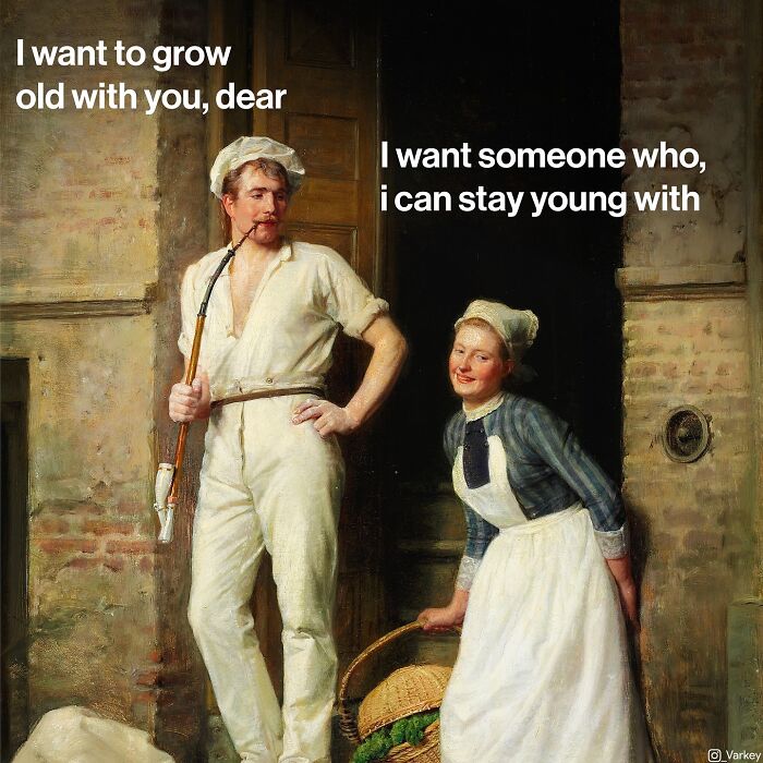 Classical art blending modern humor showing a couple with humorous text about growing old and staying young together.