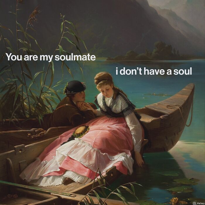 Classical art scene with two figures in a boat, blended with modern humor text about soulmates and having no soul.