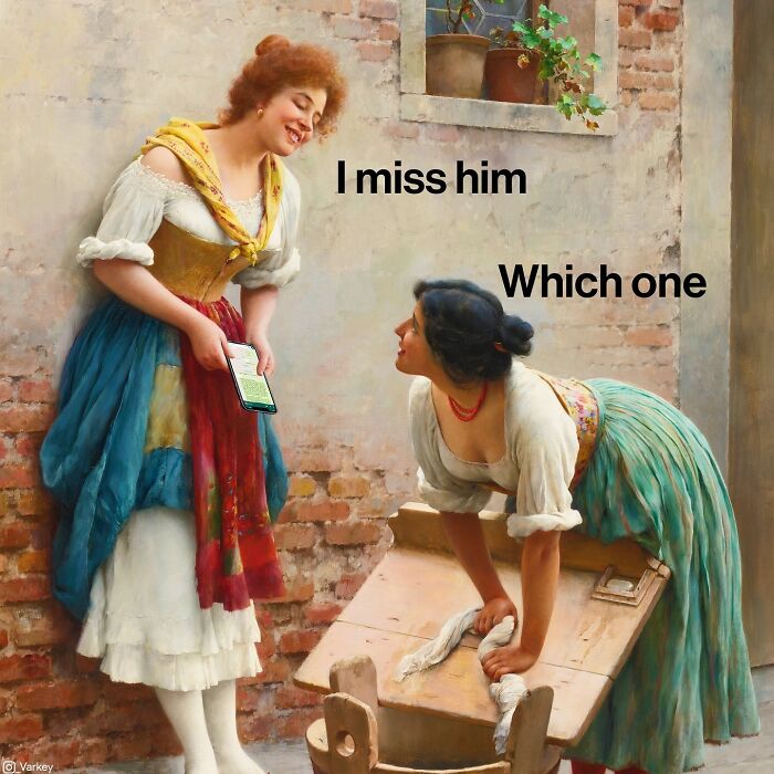 Two women in classical art style with modern humor text and a smartphone blending classical art with modern humor.