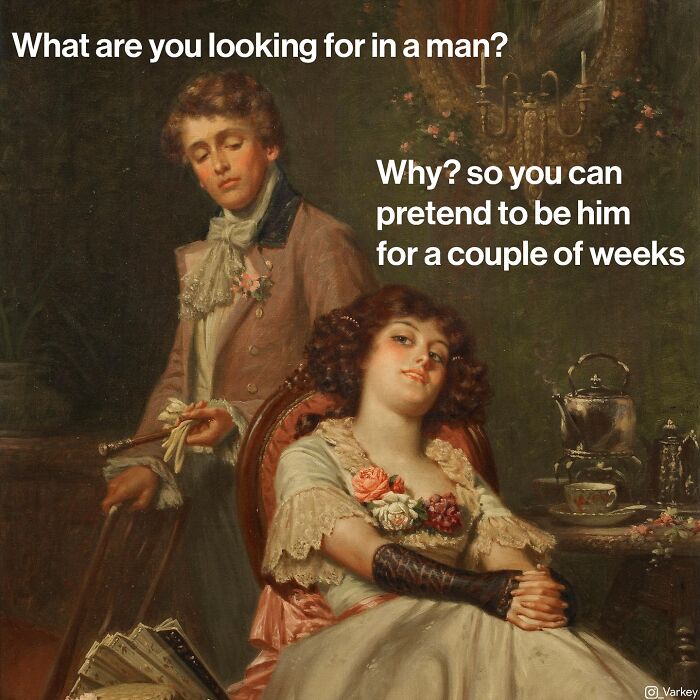 Classical art blended with modern humor showing a vintage couple with witty text about looking for a man.