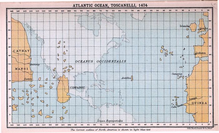 Vintage map of the Atlantic Ocean and surrounding lands illustrating historical geographic mistakes that shaped history.