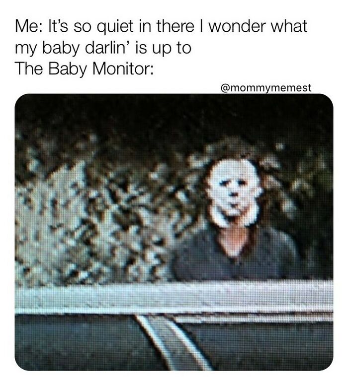 Blurry image of man in mask on baby monitor screen in funny parenting memes painfully relatable post.