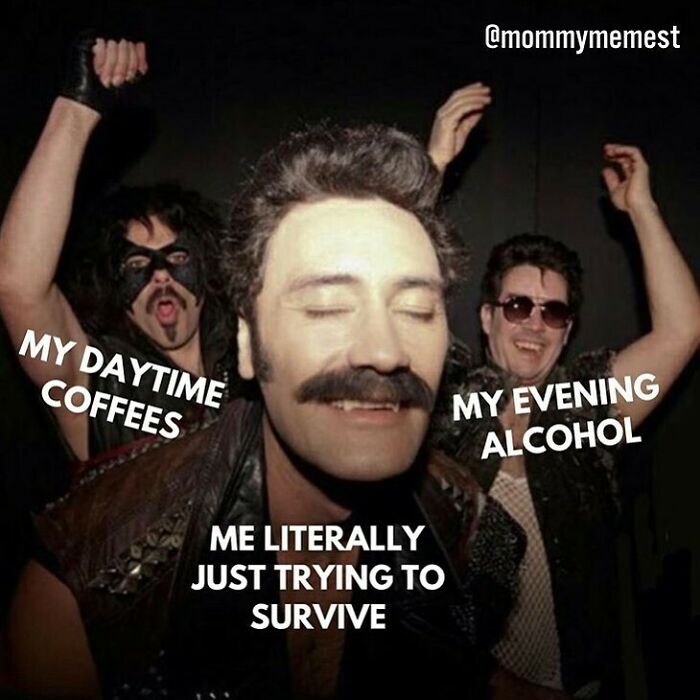 Three men at a party representing funny parenting memes about daytime coffees and evening alcohol to survive.