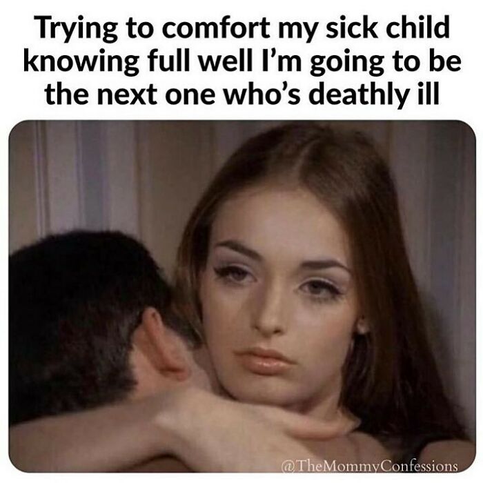 A woman hugging a child looking tired and relatable, illustrating funny parenting memes about illness and care.