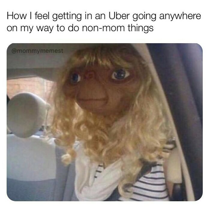 Cartoon character in wig sitting in car, illustrating funny parenting meme about relatable mom moments.