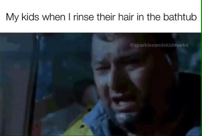 Parent struggling while rinsing kids’ hair in the bathtub, depicting funny parenting memes painfully relatable on Instagram.