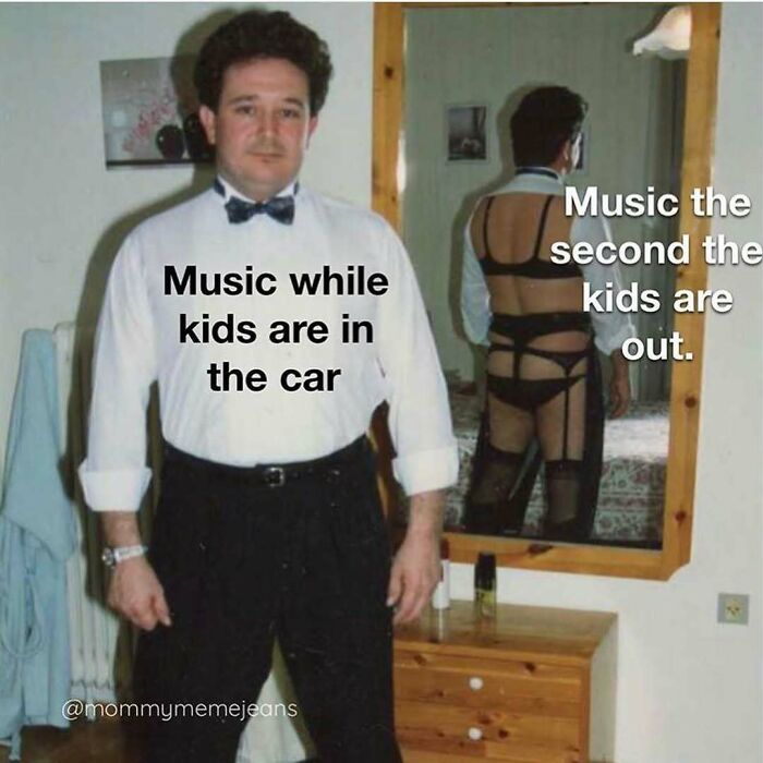 Man dressed formally with text about music while kids are in the car, humorous parenting meme showing contrast in private.