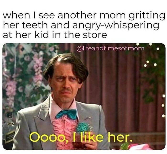 Man in a colorful suit holding a drink, captioned with a funny parenting meme about moms gritting teeth in stores.