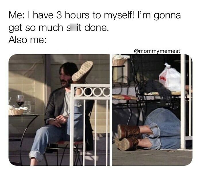 Man relaxing and lying on the floor, illustrating funny parenting memes that are painfully relatable on this IG account.