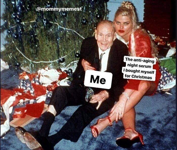 Funny parenting meme showing a woman and an older man humorously representing anti-aging serum and parenting struggles.