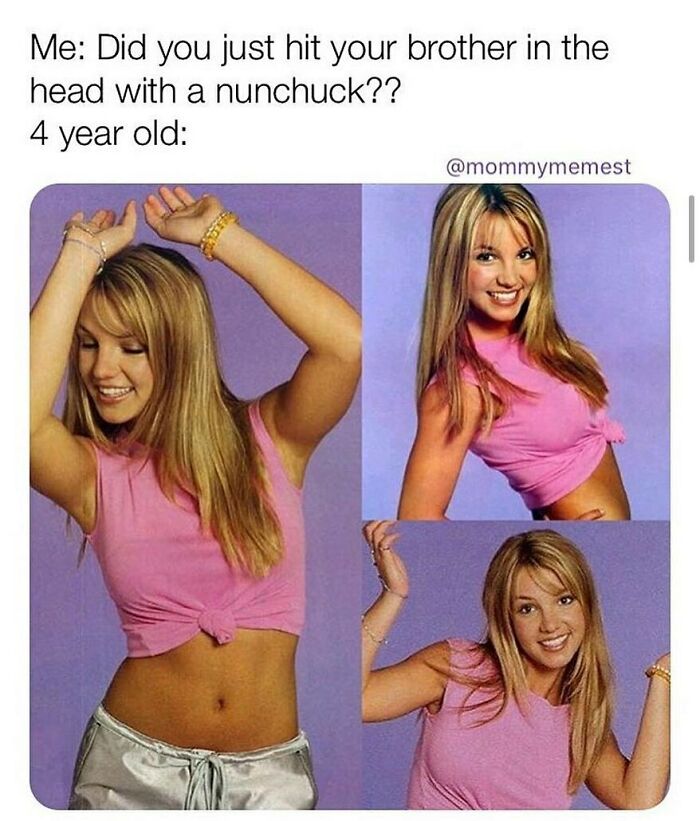 Funny parenting meme showing a woman in pink top posing with playful expressions, highlighting relatable parenting moments.