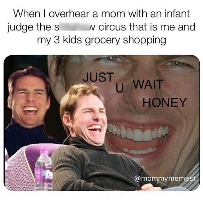Laughing man meme illustrating funny parenting memes that are painfully relatable about chaotic grocery shopping with kids.