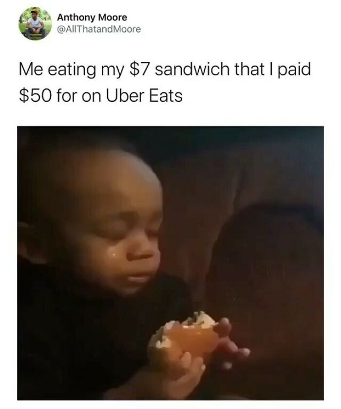 Child holding a sandwich with a tear on their cheek in a funny parenting meme painfully relatable to many parents.