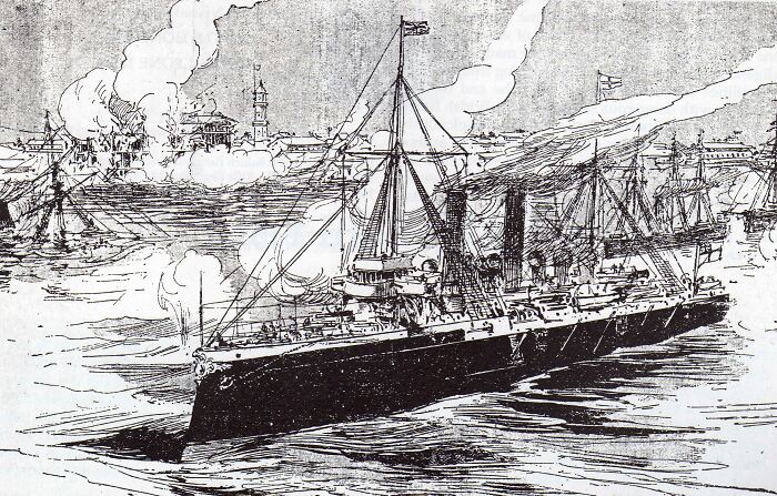 Vintage sketch of a naval battle depicting bizarre historical events with warships firing and smoke rising in the background