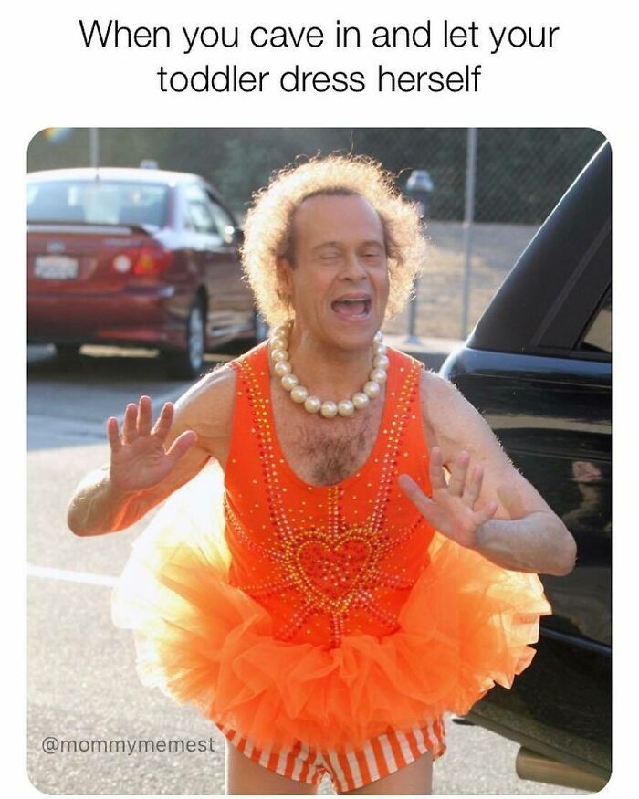 Man in an orange tutu and pearl necklace acting silly, illustrating funny parenting memes that are painfully relatable.
