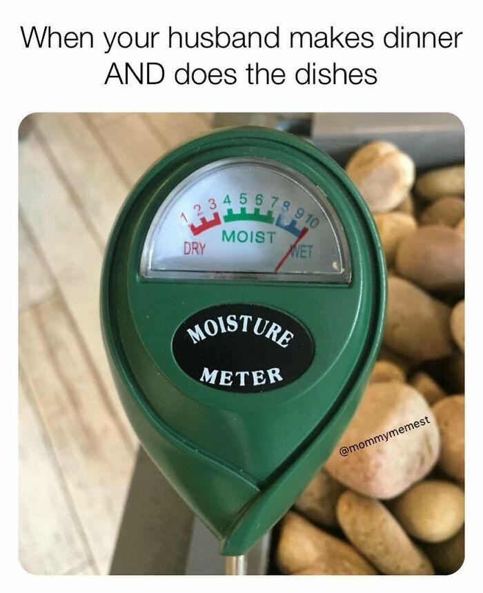 Moisture meter showing wet level next to potatoes with funny parenting meme about husband doing dishes.