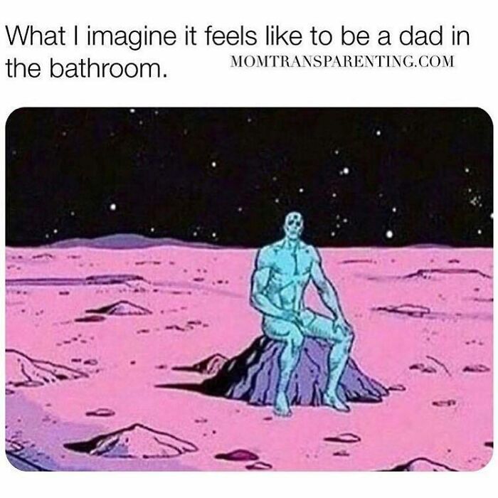 Man sitting alone on the moon with starry sky, depicting funny parenting memes about dads in the bathroom, painly relatable moments.