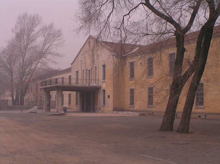 Old abandoned building with leafless trees in foggy weather, evoking a creepy atmosphere related to serotonin syndrome.
