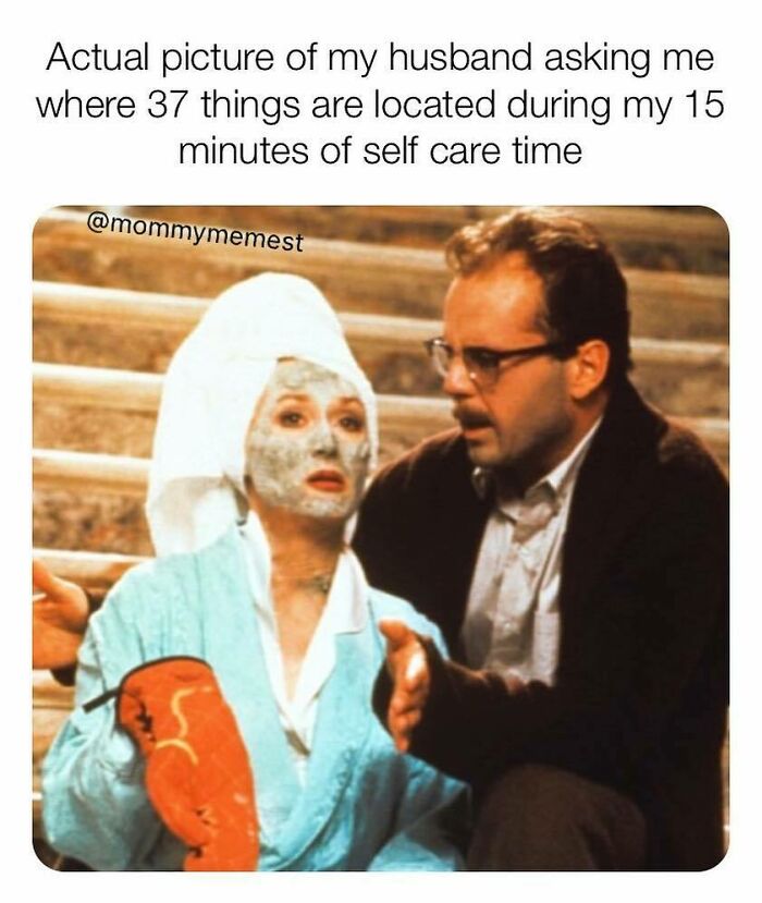 Woman with face mask and towel on head looks confused while husband asks questions, funny parenting memes relatable moment.