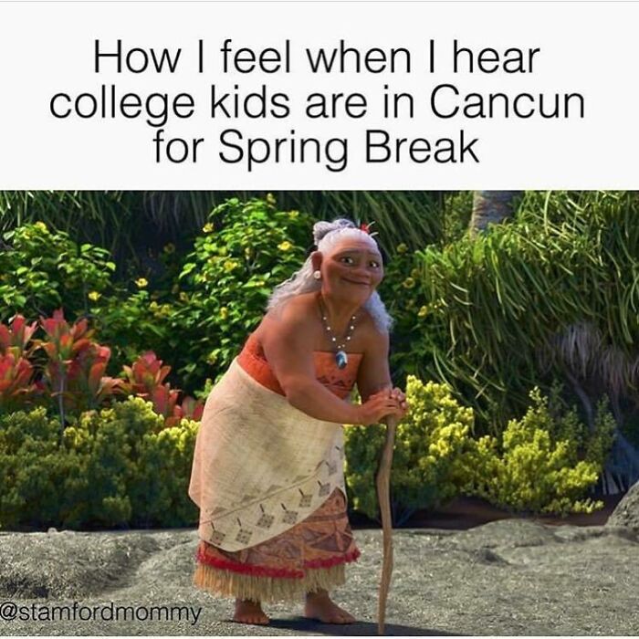 Animated character from Moana looking tired with a walking stick, paired with funny parenting memes about relatable feelings.