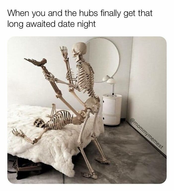 Funny parenting meme showing skeleton couple on bed, humorously depicting a painfully relatable parenting moment.