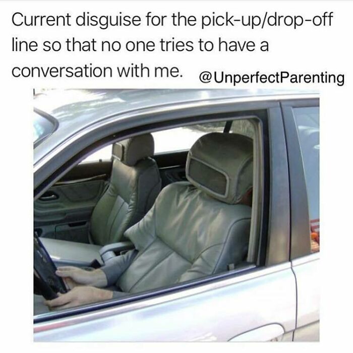 Car interior with a funny disguise meme illustrating relatable parenting moments at pick-up and drop-off lines.