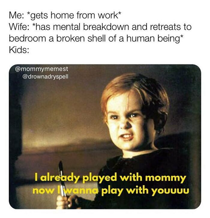 Child making an intense face holding a knife in a funny parenting meme from an IG account sharing relatable parenting content.