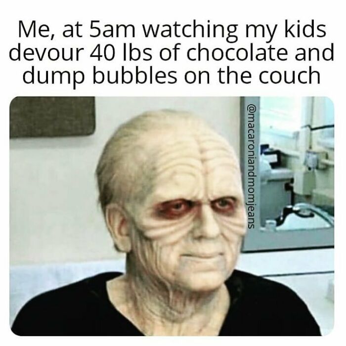 Tired parent meme at 5am watching kids eat chocolate and make mess, funny parenting memes painfully relatable content.