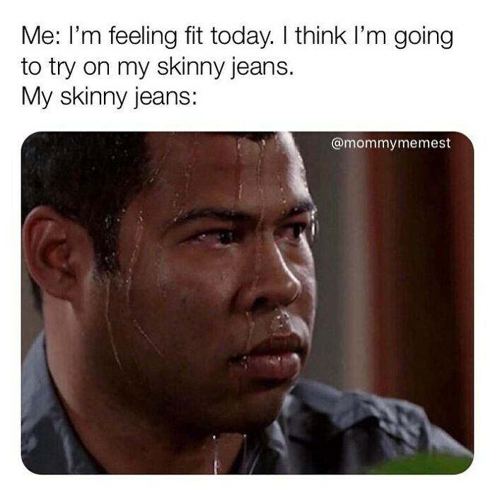 Man sweating nervously in a funny parenting meme from an IG account sharing painfully relatable moments.