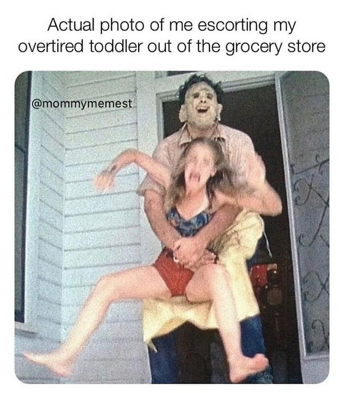 Man wearing a scary mask holding a struggling child, funny parenting memes showing painfully relatable toddler struggles.