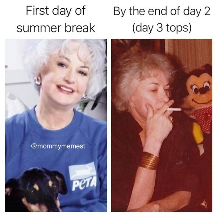 Funny parenting meme showing a cheerful older woman on day one of summer break and stressed by day three.