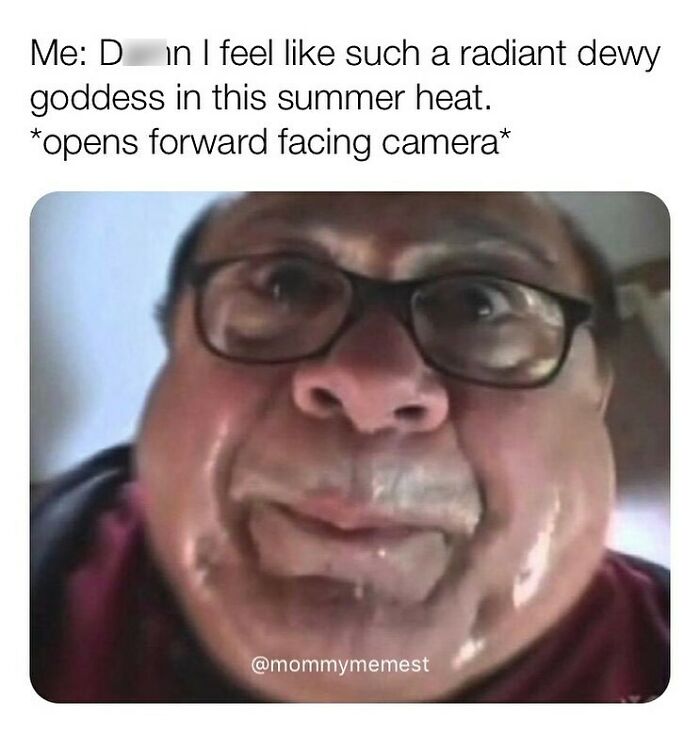 Close-up of a man with glasses sweating heavily, illustrating a funny parenting meme about summer heat and relatable struggles.