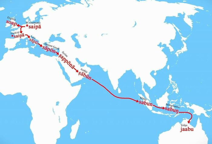 Map showing the linguistic evolution of the word soap across regions to expand knowledge of the world.