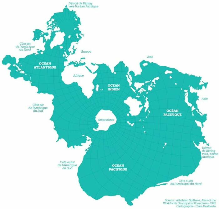 Inverted world map highlighting oceans and continents for curious maps to expand knowledge of the world.